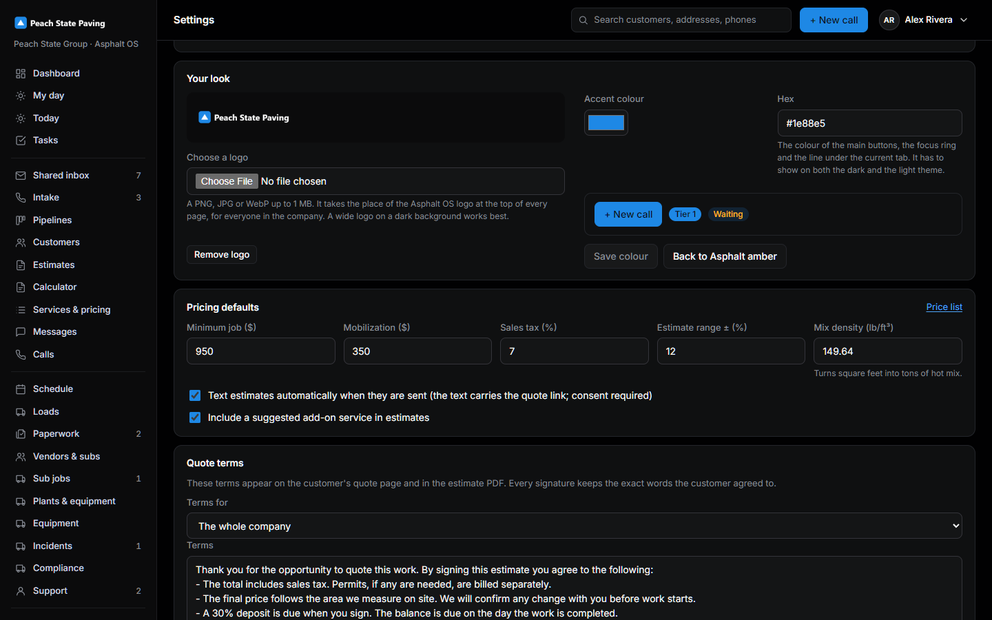 The Settings page scrolled to the card Your look: the company's own logo in the sidebar with "Peach State Group · Asphalt OS" under it, the logo preview and Choose a logo, the accent colour picker and hex box set to a blue, the preview of the New call button and two pills, and the New call button in the top bar drawn in that blue.