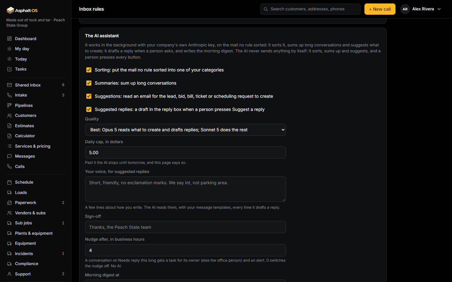 The AI assistant card on the Inbox rules page: the switches for Sorting, Summaries, Suggestions and Suggested replies, the quality (Best), the daily cap of 5 dollars, the voice and sign-off for suggested replies, and the nudge after 4 business hours.