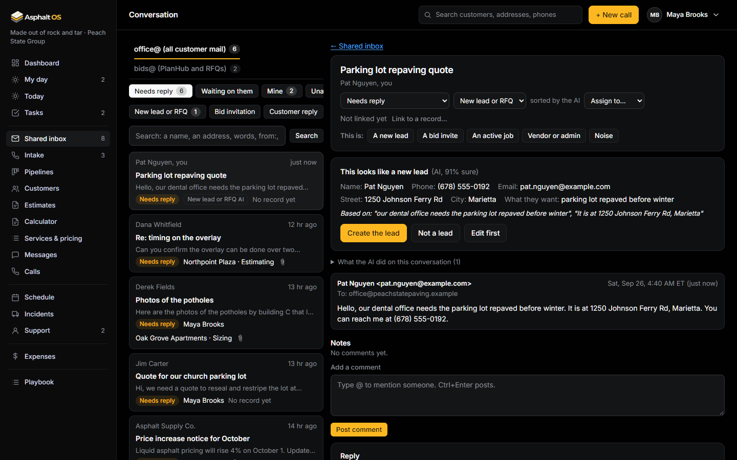 A conversation the AI has read: the list marks its category "New lead or RFQ AI", and the conversation shows the card "This looks like a new lead (AI, 91% sure)" with the name, phone, email, street, city and what they want, the sentences it was based on, and the buttons Create the lead, Not a lead and Edit first, above the customer's email.