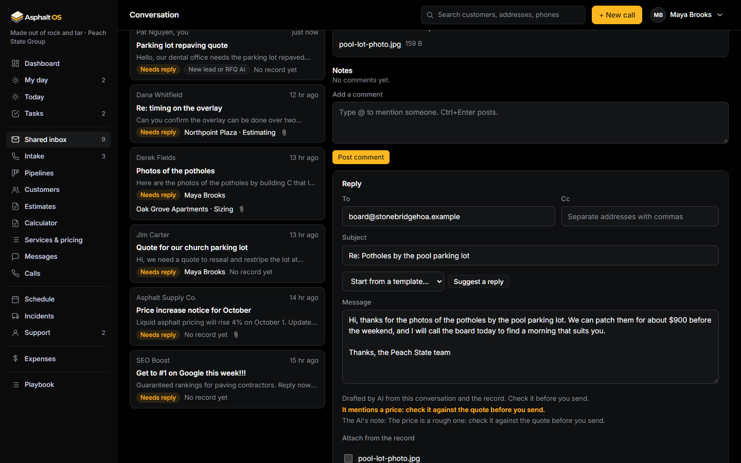 The reply box of a conversation from the Stonebridge HOA board about potholes: the To, Cc and subject filled in, a draft by the AI in the message box, the grey line "Drafted by AI from this conversation and the record. Check it before you send." and an orange warning "It mentions a price: check it against the quote before you send.", with the Send button.