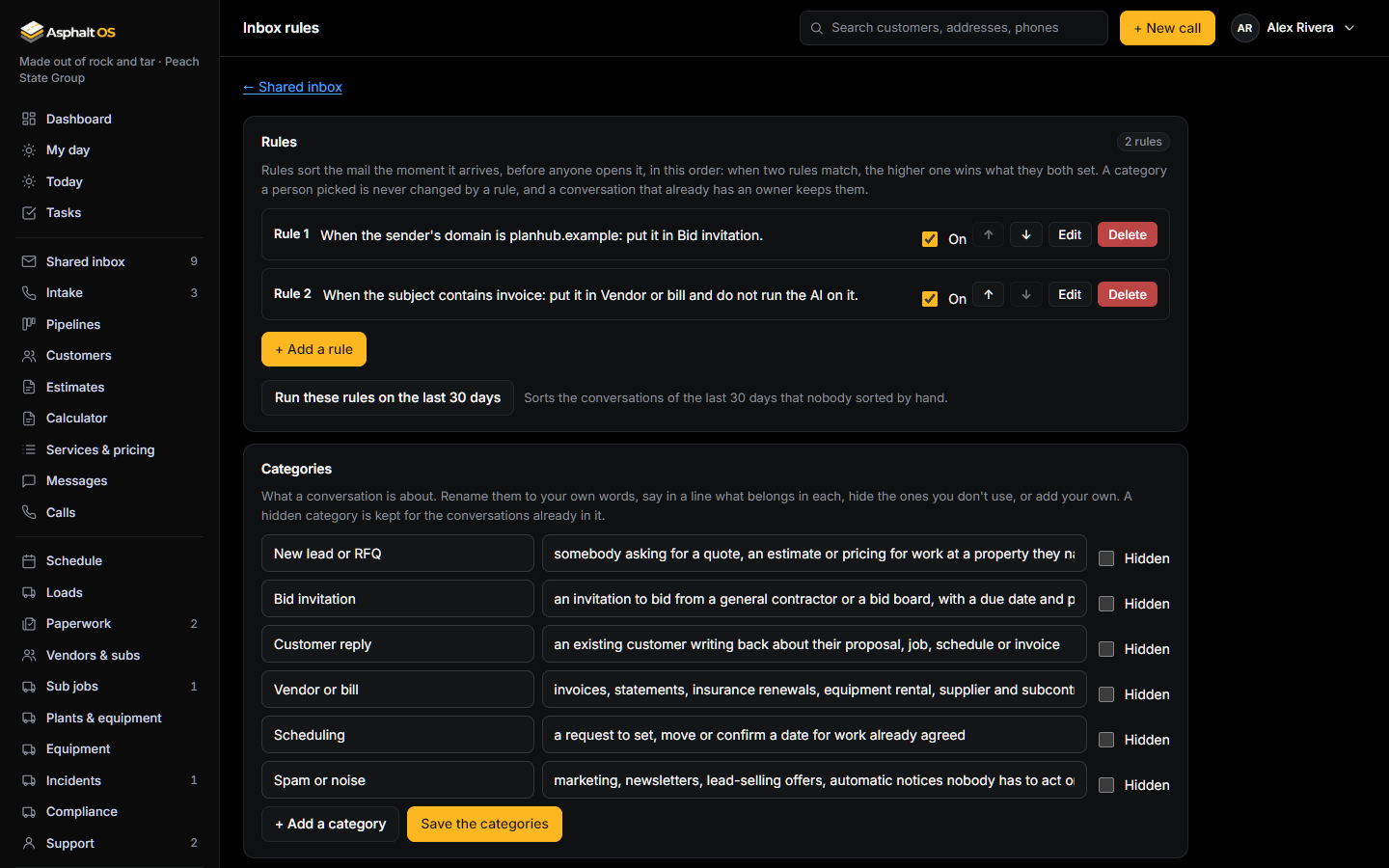 The Inbox rules page: two rules, each read as a sentence with an On switch, arrows to reorder, Edit and Delete ("When the sender's domain is planhub.example: put it in Bid invitation." and "When the subject contains invoice: put it in Vendor or bill and do not run the AI on it."), the Add a rule and Run these rules on the last 30 days buttons, and below them the six categories with their hints and a Hidden box each.