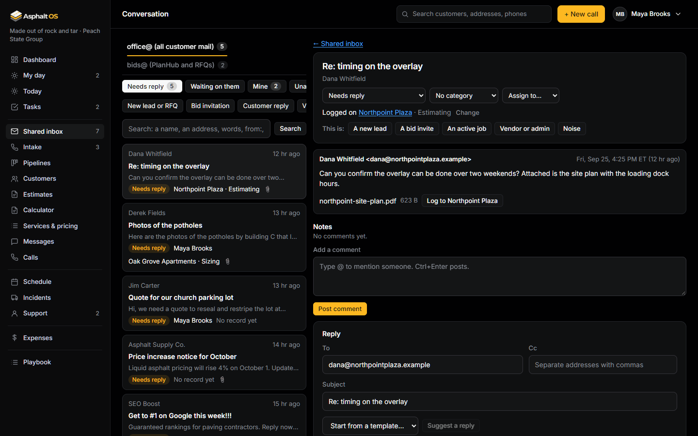 A conversation opened beside the list: its status, category and owner, the record it is logged on (Northpoint Plaza, Estimating), the five sorting buttons, the customer's email with its attachment and a Log button, the private notes, and the Reply box with To, Cc and the subject filled in.
