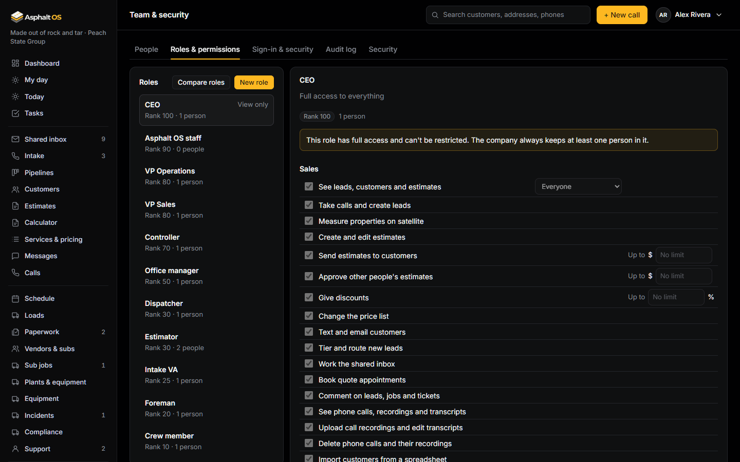 Team and security, Roles and permissions tab: the roles listed by rank with how many people hold each, and the CEO role open, with every permission ticked and no limits.