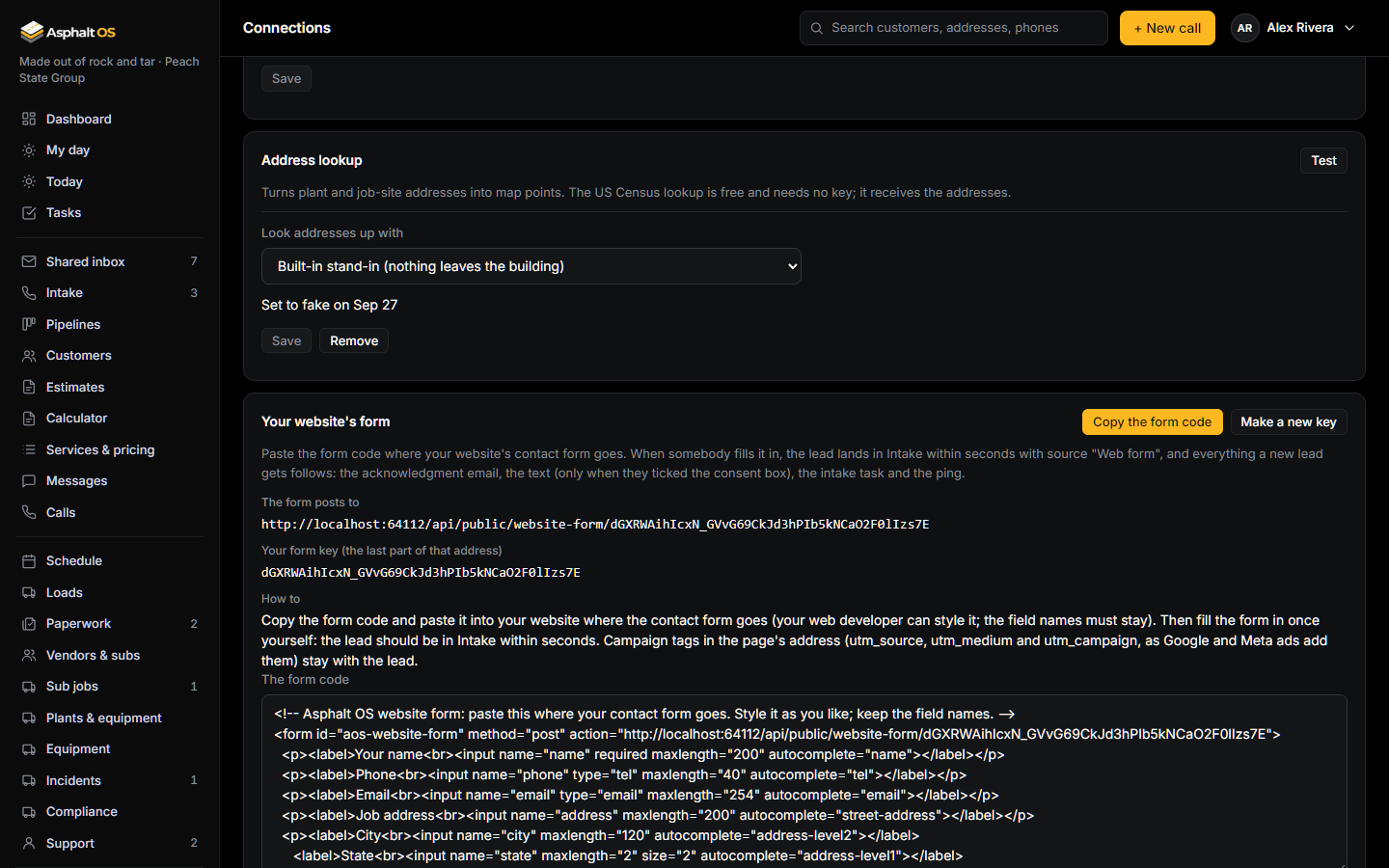 The Connections page scrolled to the card Your website's form: the address the form posts to, the company's form key, the how-to, the Copy the form code button, the Make a new key button and the form code itself.